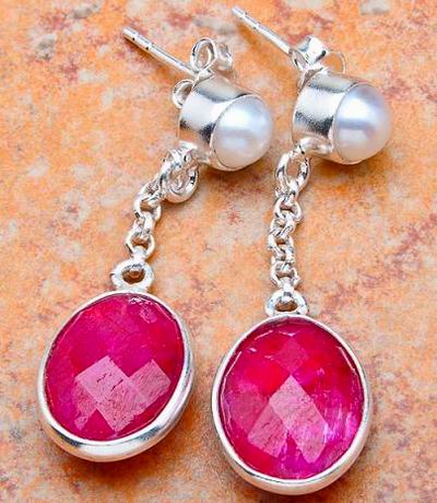 OVAL NATURAL ROYAL RUBY+PEARL SILVER EARRINGS